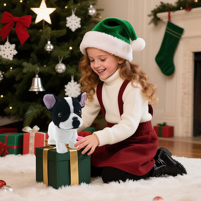 YH YUHUNG Walking French Bulldog Toy with Leash, Black & White Frenchie Puppy Robot, Electronic Barking & Wagging Plush Dog, Interactive Pet Gift for Kids 3+ (French Bulldog)