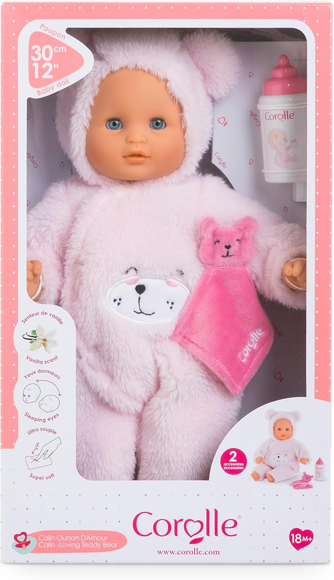Corolle My First Baby Doll Cuddly Teddy Bear - 12" Soft Boy Baby Doll with Vanilla Scent, Pink Bear Outfit & Sleeping Eyes for Girls, Cute Reborn Realistic Baby Dolls for 2 Year Old Girls