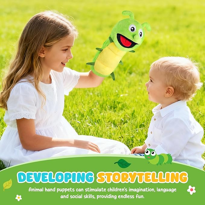 Animal Hand Puppets 11 Inch Insect Plush Ladybug Ant Dragonfly Caterpillar Puppet Toys Role-Play Puppets for Kids Storytelling Imaginative Pretend Play Teaching Preschool(Caterpillar)