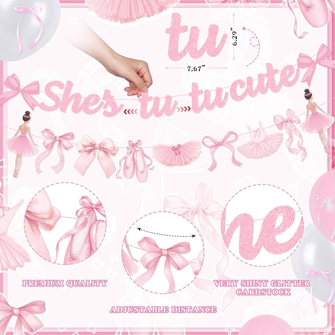 Pink Bows Ballet Girls Birthday Party Decorations, She's Tutu Cute Ballerina Theme Birthday Party Banner Cake Toppers Balloons for Two Two Cute 2nd Bday Baby Shower Tutu Dancing Girls Party Supplies