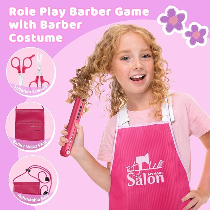 GAGAKU Pretend Hair Salon Toys for Girls,Pretend Makeup for Toddlers Dress Up Beauty Salon Set Stylist Kit with Hair Dryer Apron Curling Flat Scissors Accessories Girl Gifts