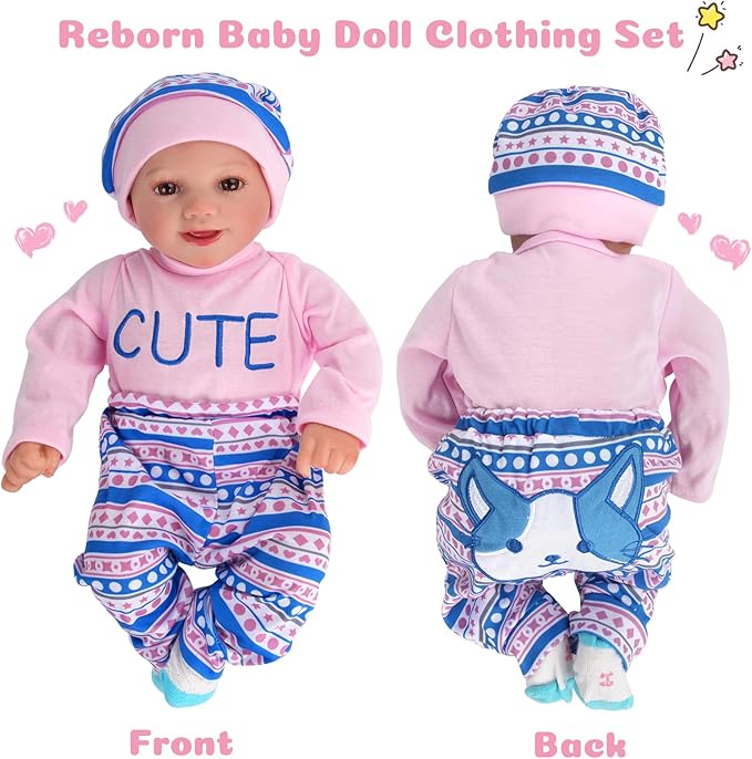 BABESIDE 4 Pcs Reborn Baby Doll Clothes Set for 17-22 Inch Babydolls, Cute Cat Pattern Baby Doll Accessories with Hat Socks for Realistic Baby Dolls Accessories, Pink
