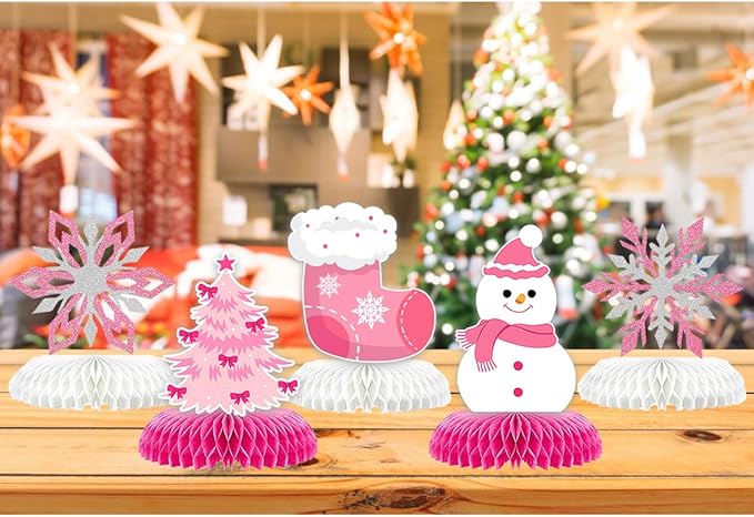 9Pcs Winter Wonderland Decorations 3D Snowflake Honeycomb Table Centerpieces for Frozen Winter Blue White Theme Christmas Baby Shower Birthday Party Supplies (Snowman Pink)