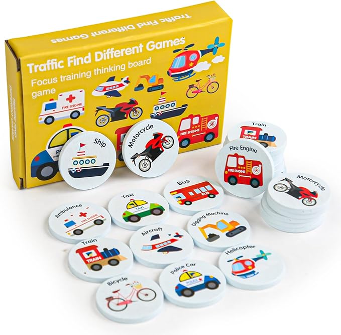 Wooden Match Memory Game for Kids, 24Pc Memory Matching Cards, Educational Memory Matching Game for Pre-Kindergarten Early Learning Development Girls and Boys-Vehicle