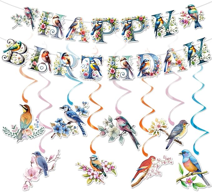 Zwiebeco Multicolored Flowers Birds Happy Birthday Banner Bunting Hanging Paper Swirls Garland Party Decorations for Boys Girls Kids Baby Shower Spring Summer Themed Bday Decor Accessories Supplies