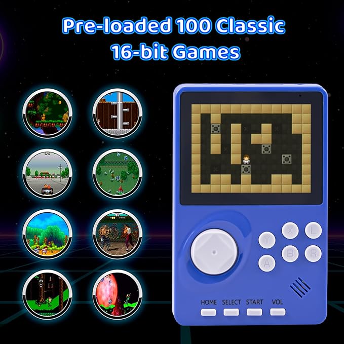 Kids Handheld Video Game Console Built in 100 16-bit Games, Handheld Retro Gaming Console, Trave-Friendly Game Console, 2.8" Color Screen, Rechargeable Battery, Handheld Game for Boy Girl (Dark Blue)