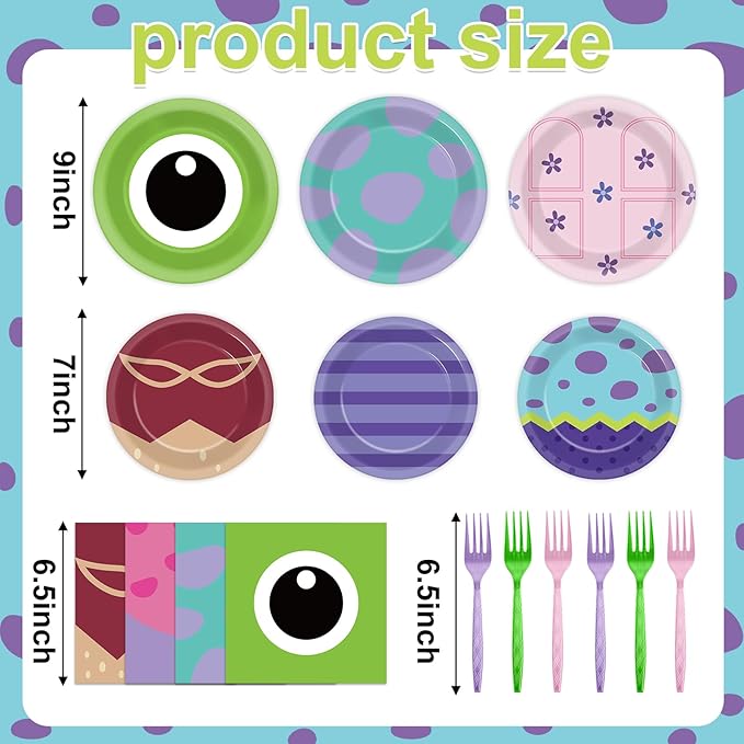 96PCS Monster Birthday Party Plates and Napkins Blue Purple Green Tableware Set Monsters Theme Parties Decor Paper Tableware Set Cartoon Monsters Plates For Monster Themed Baby Shower Party Decoration