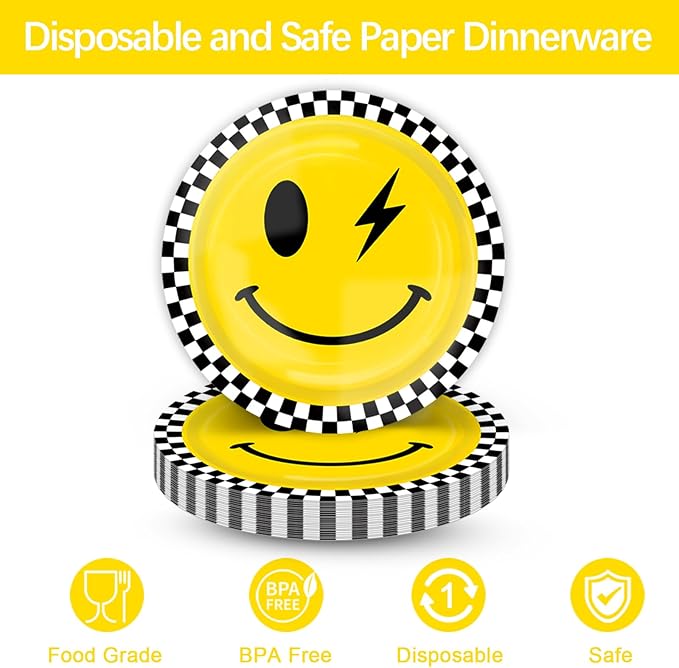 Yellow Smile Face Themed Party Decorations Supplies Happy Smile Face Themed Party Tableware Set Include Plates, Cups, Napkins,Cutlery and Straw for Baby Shower, Birthday Party Decorations Serves 24
