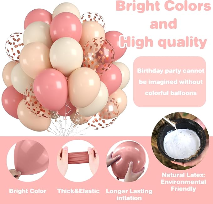 Dusty Pink Balloons, Neutral Balloons with Dusty Pink Ivory White Rose Gold Confetti Balloons for Girls Bridal Baby Shower Boho Birthday Wedding Decorations Supplies