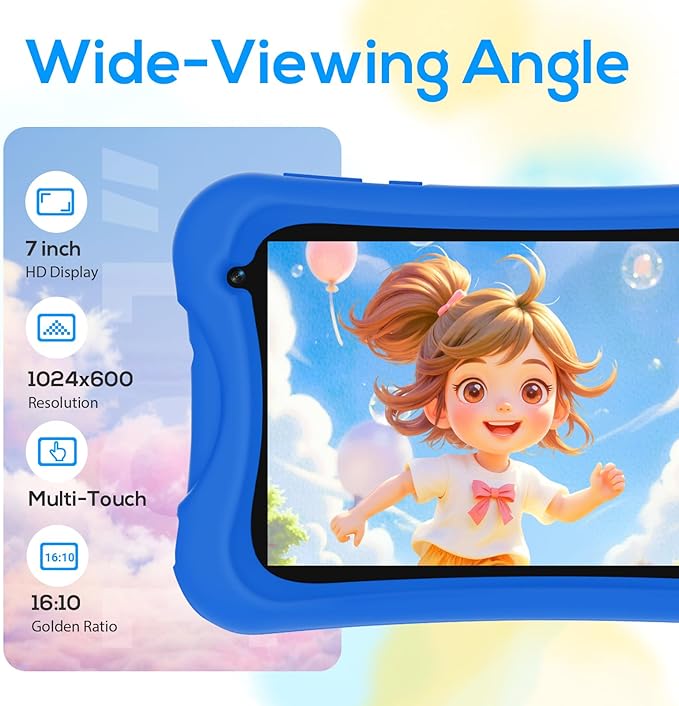 DigiLand 7 inch Kids Tablet, Quad-core CPU, 4GB+32GB+TF Expand,Dual Camera 2MP+5MP,Safety Eye Protection,Education,Tablet for Toddle with WiFi,Games,Parental Control APP,with Proof Case(Blue)