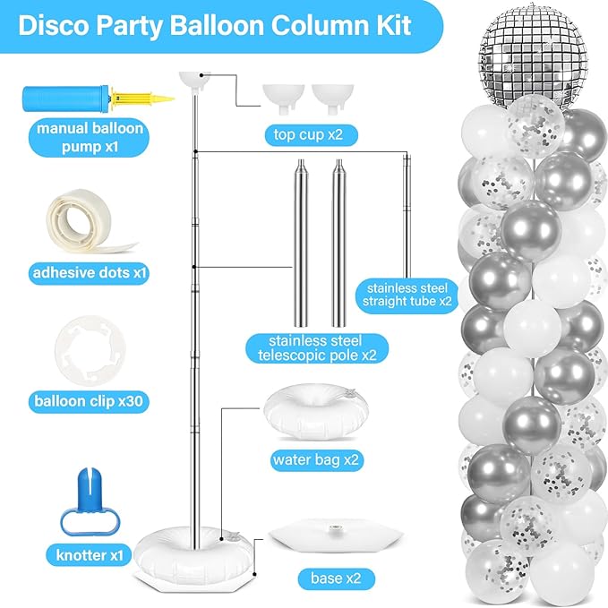 2 Sets Disco Ball Party Balloon Column Stand Kit with 102 Silver Disco Foil Balloons 5.57Ft Adjustable Balloon Tower Stand with Base Adjustable Arch Column for 70s 80s 90s Dance Birthday Supply