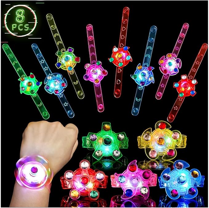 SCIONE 8 Pack LED Light Up Fidget Spinner Bracelets, Glow in The Dark Party Supplies Party Favors for Kids 4-8 8-12, Birthday Gifts, Treasure Box Toys for Classroom Goodie Bags Stuffers