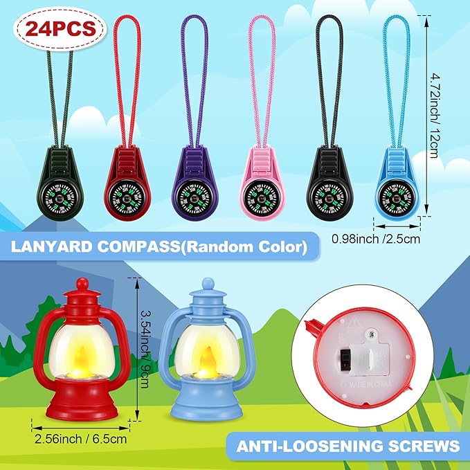 VIHOSE 24 Pcs Camping Party Favors Set Happy Camper Party Gifts with Mini Camp Compasses and Mini Camp Lamps for Camping Adventure Outdoor Hiking Supplies