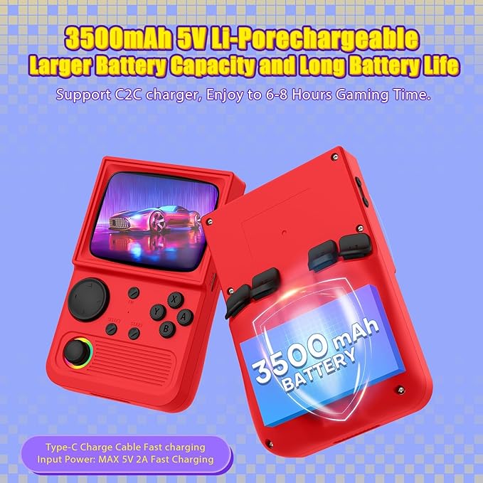 R36T Retro Gaming Console, 3.5'' IPS Screen CRT-Inspired, Handheld Game Console with 22000+ Classic Games Supports WiFi Networked Fighting and OTG, 3500mAh Battery, with Portable Case(Red 128GB)
