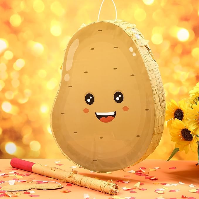 Potato Piñata for Kids Birthday Party 15 x 12 x 2.8 Inches Veggies Theme Piñata with Stick Blindfold and Confetti for Baby Shower Photo Props Cinco De Mayo Fiesta Decoration