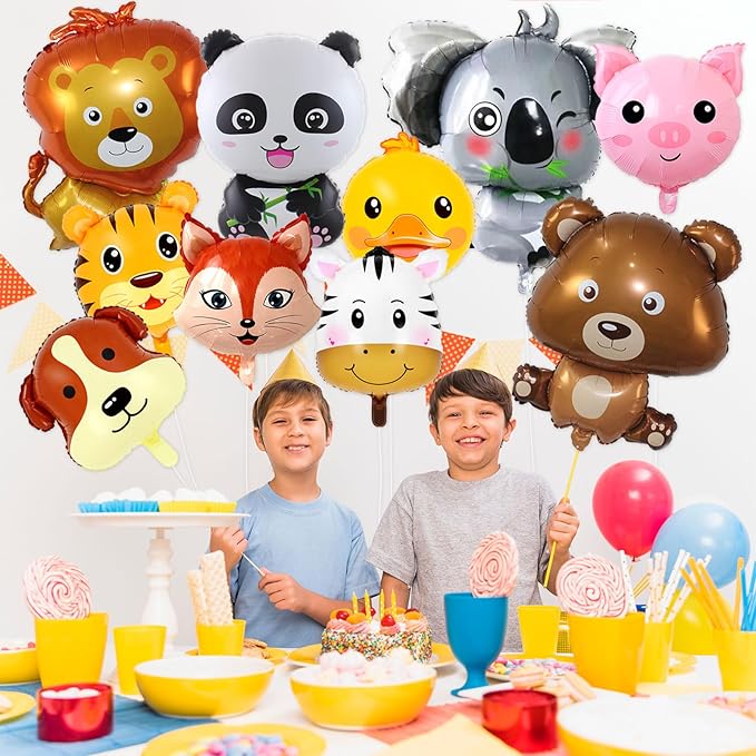 10 Pcs Safari Animal Balloons for Jungle Birthday Party Decorations - Giant Elephant, Lion, Monkey, Panda, Zebra Foil Balloons for Boys Wild One Baby Shower Zoo Party
