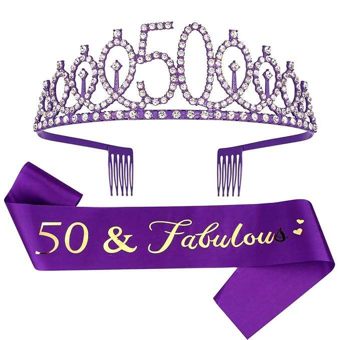 Purple 50th Birthday Decorations - Sash, Tiara, Crown & Party Favors