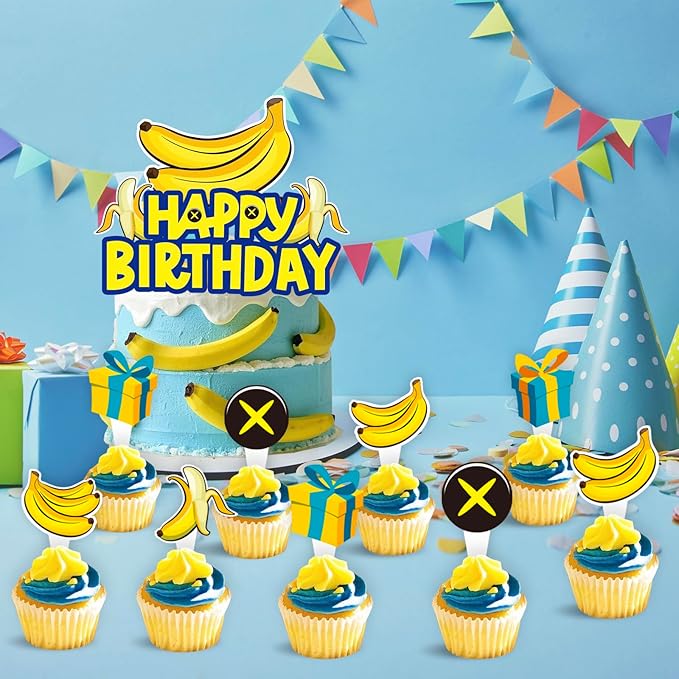 Yellow Cartoon Birthday Party Supplies, Yellow Jeans Cartoon Theme Party Decorations Including Birthday Banner, Backdrop, Balloons, Cupcake Toppers