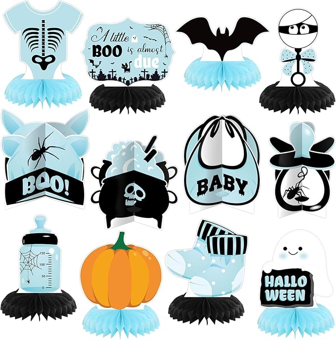 12 Pcs Blue Halloween Baby Shower Decorations a Little Boo Is Almost Due Honeycomb Centerpieces Bat Ghost Skull Halloween Baby Shower Table Decoration Table Topper for Party Favors