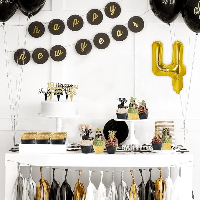 48 Pack Happy 40th Birthday Cupcake Toppers and Wrappers, Glitter Fabulous Vintage 1985 Cake Decor Cheers to 40 Year Cupcake Decorations for 40th Birthday Anniversary Party Supplies