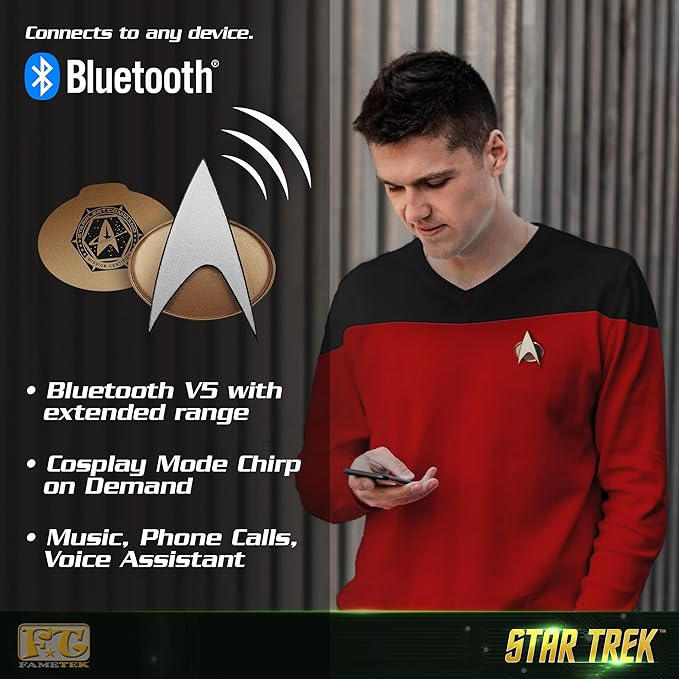 FAMETEK Star Trek Next Generation Bluetooth Communicator Badge 2026 Edition - TNG Bluetooth ComBadge with Chirp Sound Effects, Microphone & Speaker – Star Trek Memorabilia, Gifts and Collectibles