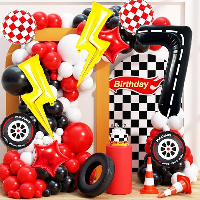 Race Car Birthday Party Decorations Large Lightning Bolt Foil Balloons Race Car Balloons 40 Inch Racetrack Number 7 Balloon for Boys 7th Race Car Birthday Party Decor Supplies