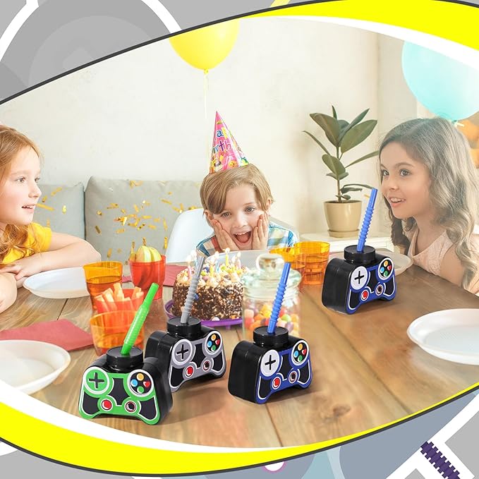 Mifoci 12 Pcs Plastic Video Game Party Cups with Straw and Lid 10oz Gamer Birthday Themed Drink Cups 7th Video Game Party Favors for Kids Toddlers Gamer Birthday Supplies (Gray)
