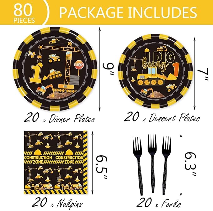 132 Pcs Construction 1st Birthday Party Supplies Dump Truck Theme One Tableware Includes Hanging Swirl, Banner, Plates, Cups, Tablecloth for Boys Im Digging Being 1 Birthday Party Decorations Favors