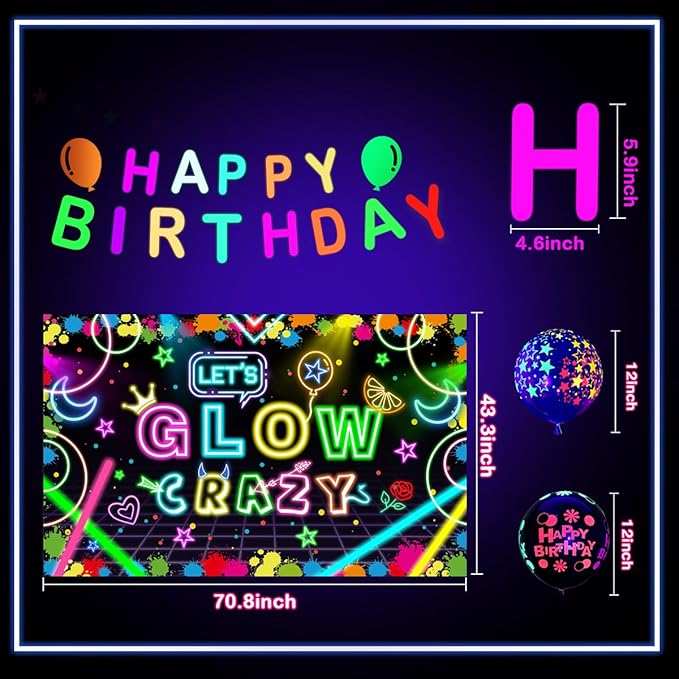 Neon Glow Party Decorations Supplies Include Neon Let's Glow Backdrop Glow in The Dark Party Supplies, 18Pcs Glow in the Dark Balloons and 1Pcs Glow Party Banner for Neon Birthday Party Decorations