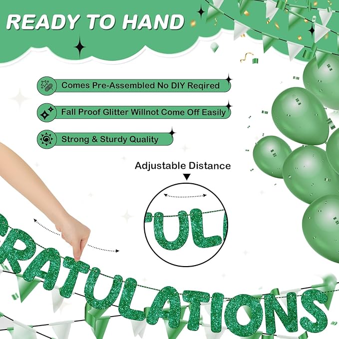 Fulmoon Pre Strung Congratulations Quitter Glitter Banner Funny Retirement Banner Graduation Party Decorations Going Away Supplies Garland for Men Women Gifts, No DIY(Green)
