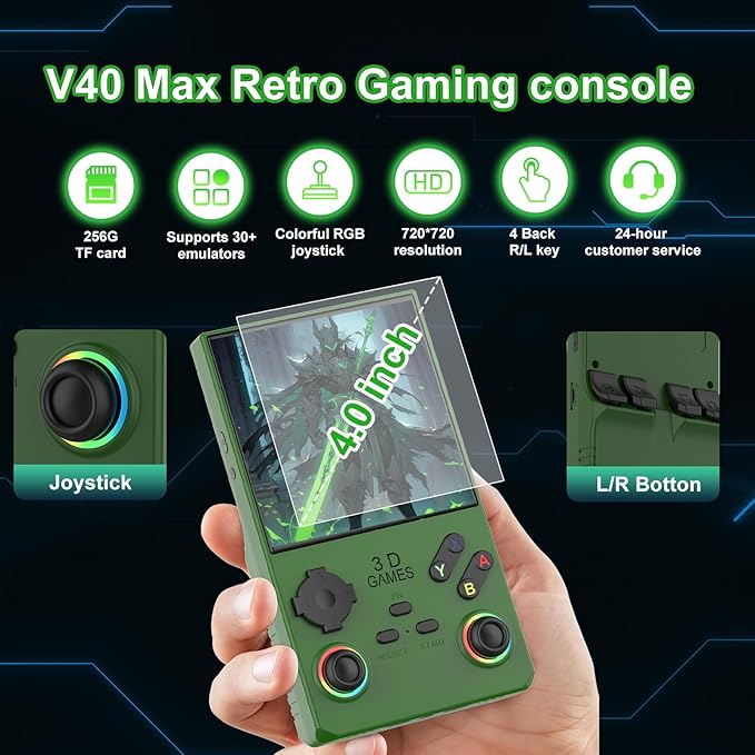 RegiisJoy 2025 New Upgraded V40 Max Handheld Game Console, 40000 Games 4 inch IPS Screen Retro Gaming Console, 256G 4000mAh Portable Mini Pocket Handheld Emulator Gift for Adults