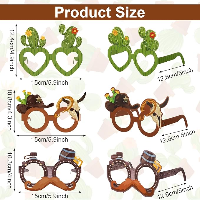 Jenaai 24 Pcs Western Party Favors Paper Glasses, Cowboy Photo Booth Props for Adults, Wild West Rodeo Theme Party Decor Supplies