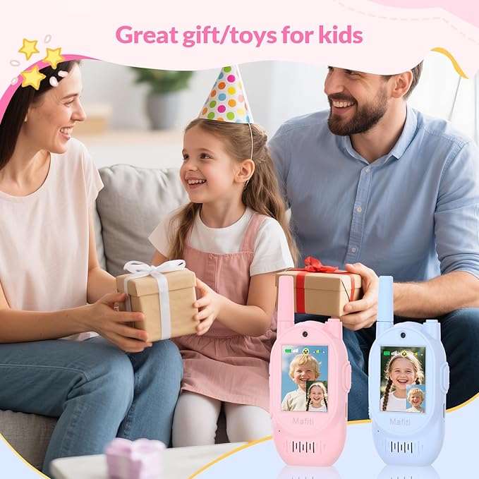 Mafiti Video Walkie Talkies for Kids 2 Pack Rechargeable 1000 Feets Long Range Toddler Toys Birthday Gifts for 3 4 5 6 7 8 Year Old Boys Girls (Blue+Pink)