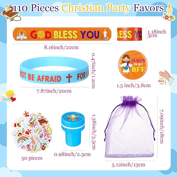 110 Pieces Jesus Party Favors for Kids, Bible Verse Slap Bracelets Stickers Stampers Rubber Bracelets Gift Bags Button Pins for Christian Religious Inspirational Christmas Party Gifts