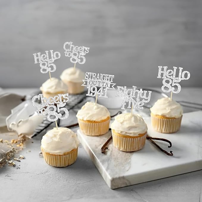 Ephlyn 24Pcs 85th Birthday Cupcake Toppers Glitter Straight Outta 1941 Cupcake Picks Hello 85 Cheers to 85 Years Cake Decorations for 85th Birthday Anniversary Party Decorations Supplies Silver