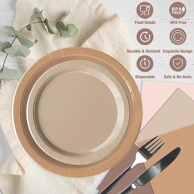 Oigco 150 PCS Brown Paper Plates Boho Baby Shower Decorations Gradient Brown Plates and Napkins for Birthday Wedding Boho Baby Shower Bridal Shower Party Supplies, Serves 50