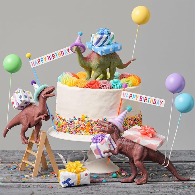 Weysat 37 Pcs Dinosaur Birthday Party Decorations, Dinosaur Cake Cupcake Toppers with Mini Hats Miniature Flags Gift Boxes Balls Figure Models for Dino Themed Birthday Party Supplies Adults
