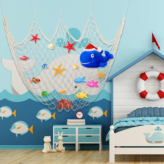 Shappy 2 Pcs Fish Net Decorative 80 x 40 Inch, Wall Hanging Fishnet for Mermaid, Pirate, Nautical, Under The Sea Party Decoration Ocean Themed Hawaii Beach Birthday Halloween Party Supplies(Beige)