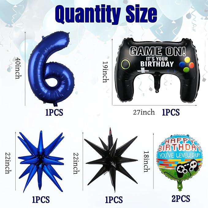 11pcs Video Game Themed Party Decorations, Number 6th Boys Birthday Party Supplies, Navy Blue Video Game Controller Mylar Foil Balloon, Video Game Party Decoration Supplies