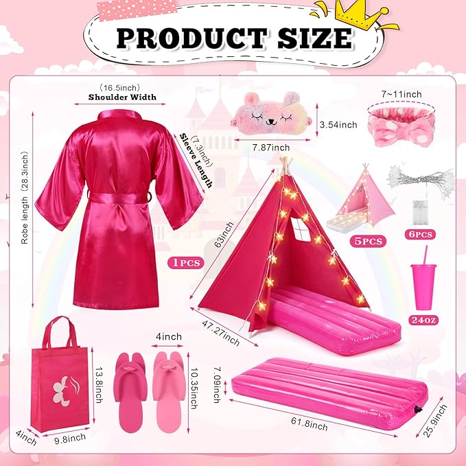 6 Set Sleepovers Teepee Tents Spa Party Robes Supplies Bulk with Inflatable Airbed and Light String, Party Supplies for Birthday Movie Spa Favors Gifts Indoor Outdoor(5 Pink,1 Rose Red)