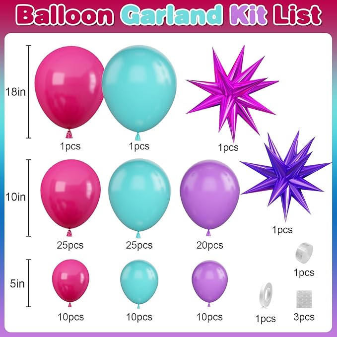 Hot Pink and Teal Blue Balloon Arch Garland Kit, Purple Rose Red Teal Blue Hot Pink Turquoise Party Balloons for Birthday Baby Shower Wedding Anniversary Party Decorations Supplies