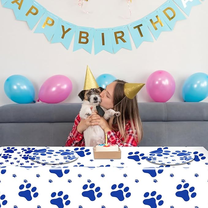 41PCS Blue Dog Paw Prints Birthday Party Supplies Include Plates Napkins Tablecloth Pet Party Decorations for Puppy Theme Party Picnic Baby Shower