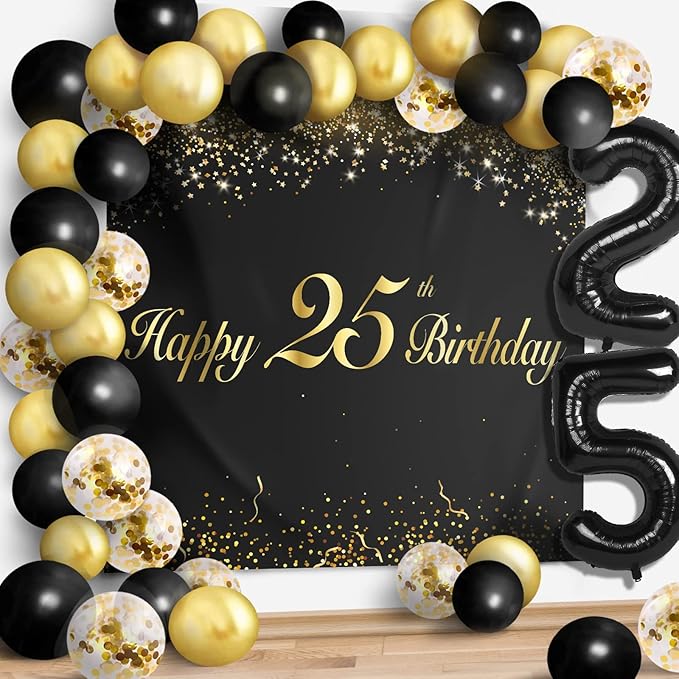 Happy 25th Birthday Balloons Black Set Decor - Cheers to 25 Years Old Party Theme Garland Banner Backdrop Decorations For Women and Men Supplies
