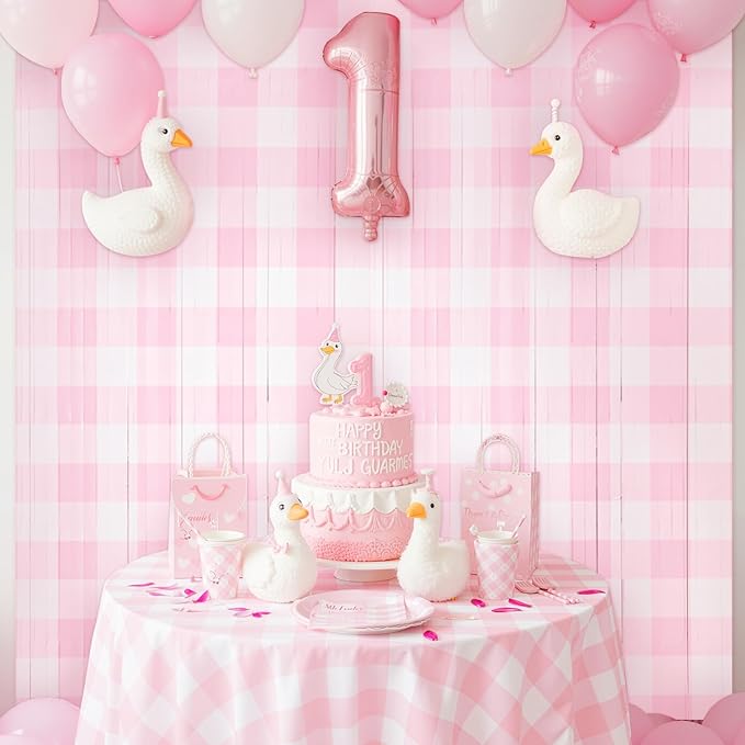 2 Pcs Pink Gingham Party Decorations 3.3 x 6.6 ft Pink and White Checkered Foil Fringe Curtains Backdrop Tinsel Streamers for Wedding Birthday Baby Shower Party Decor Supplies