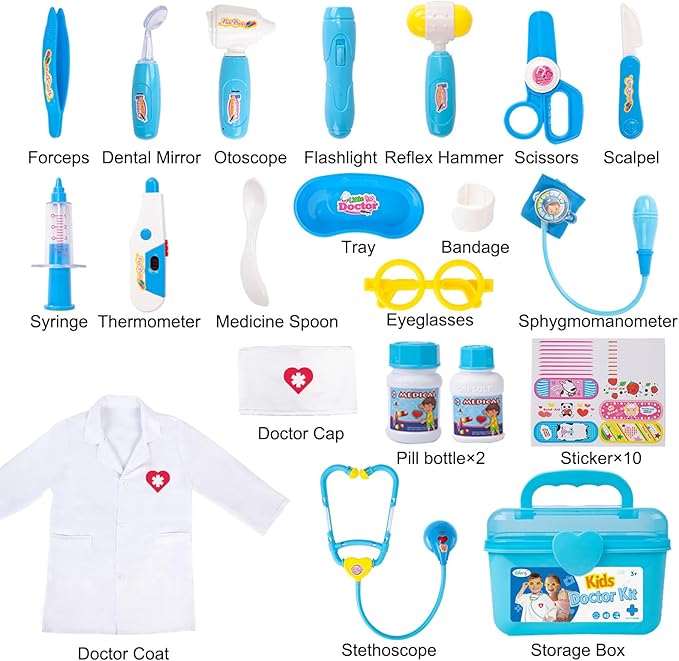 Liberry Doctor Kit for Toddlers 3 4 5 Years Old, Kids Doctor Play Set for Girls Boys Toy, Pretend Play Medical Kit with Stethoscope & Costume for Birthday Gift Blue