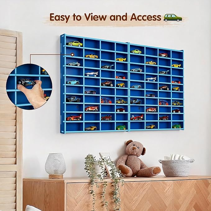 2 Pack Toy Car Display Shelf, Holds 80 Diecast 1/64 Toy Cars, Wall Mount Model Car Storage Organize Case, Blue