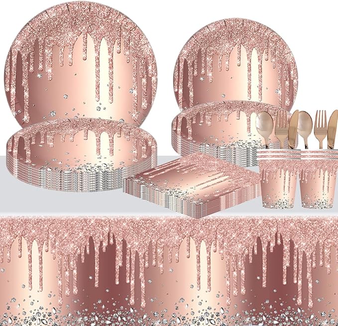 81Pcs Rose Gold Diamond Party Tableware Set Sparkling Diamonds Party Decoration for Girls and Women Birthday Party Supplies (Gold)