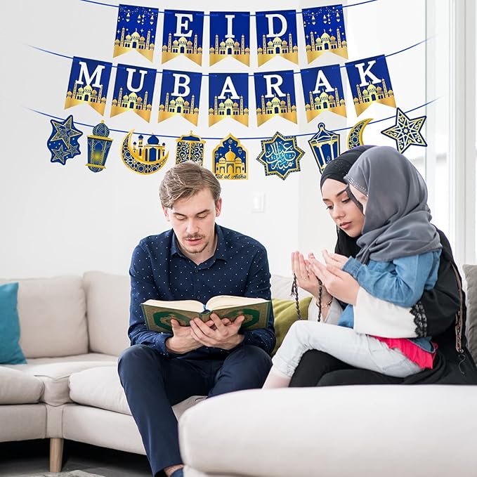 AhfuLife Eid Mubarak Banner Decorations, Pre-tied Eid Mubarak Bunting Banner Party Supplies for Home Outdoor Umrah Mubarak Party Decor Moon Star Garland