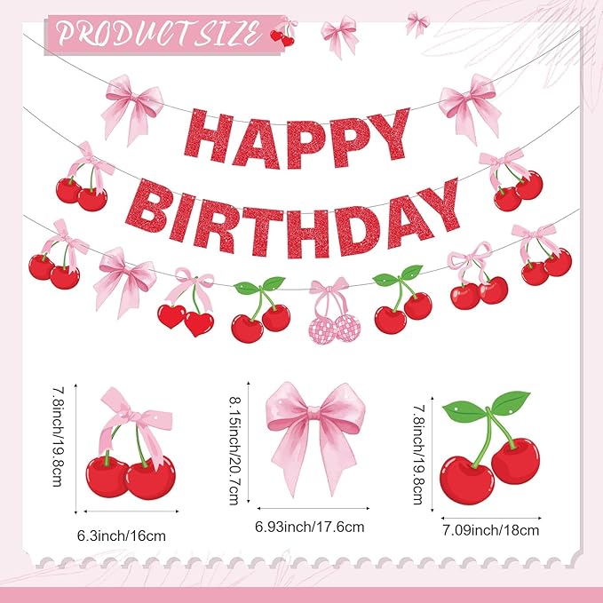 3 Pcs Cherry Birthday Party Decorations Red Glitter Happy Birthday Banner Colorful Hanging Decor Funny Banner Cutout Garland for Themed Decorations Bridal Shower Party Supplies