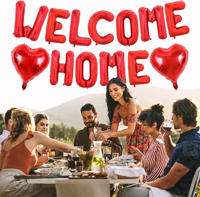 TONIFUL Welcome Home Balloons,16 Inch Red Welcome Home Foil Balloons Banner Welcome Home Party Decorations for Homecoming Party Decorations House Warming Party Family Gathering Supplies